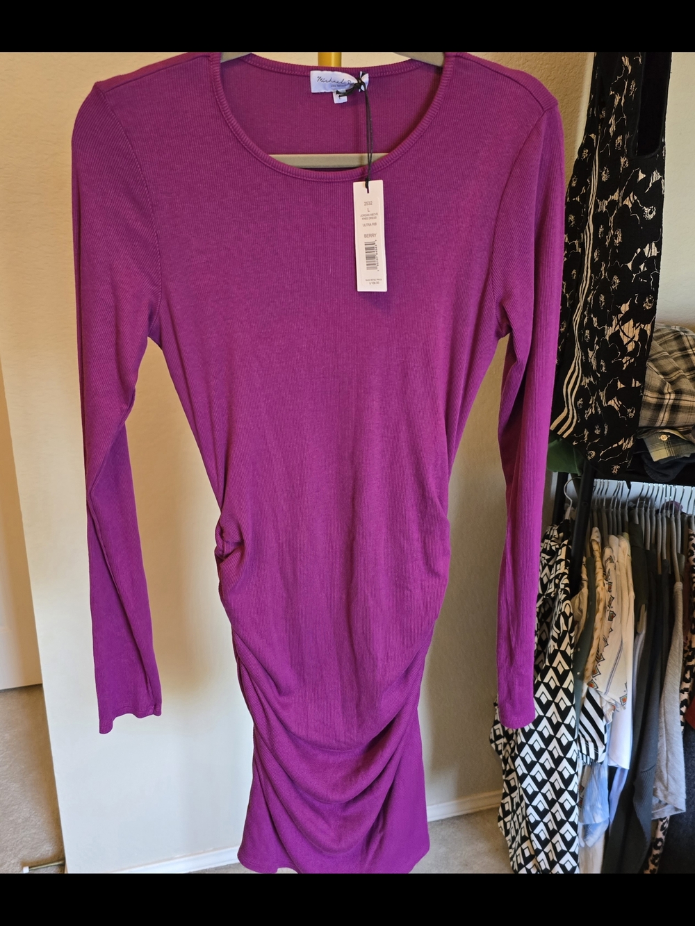 Michael Stars Long Sleeve Ruched Bodycon Dress in Magenta